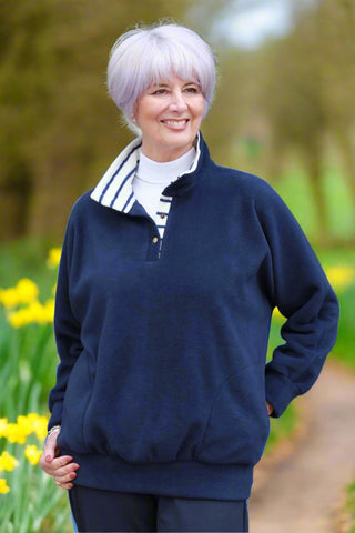 Fellbeck Fleece Top in Navy with striped collar